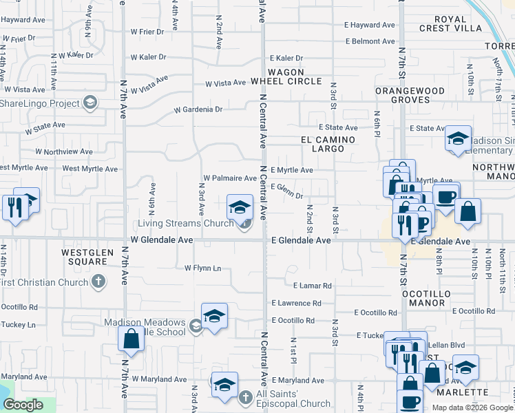 map of restaurants, bars, coffee shops, grocery stores, and more near 7051 North 1st Avenue in Phoenix