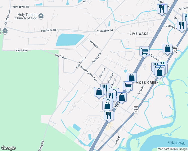 map of restaurants, bars, coffee shops, grocery stores, and more near 6 Crooked Island Circle in Murrells Inlet