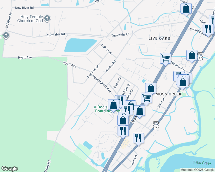 map of restaurants, bars, coffee shops, grocery stores, and more near 6 Crooked Island Circle in Murrells Inlet