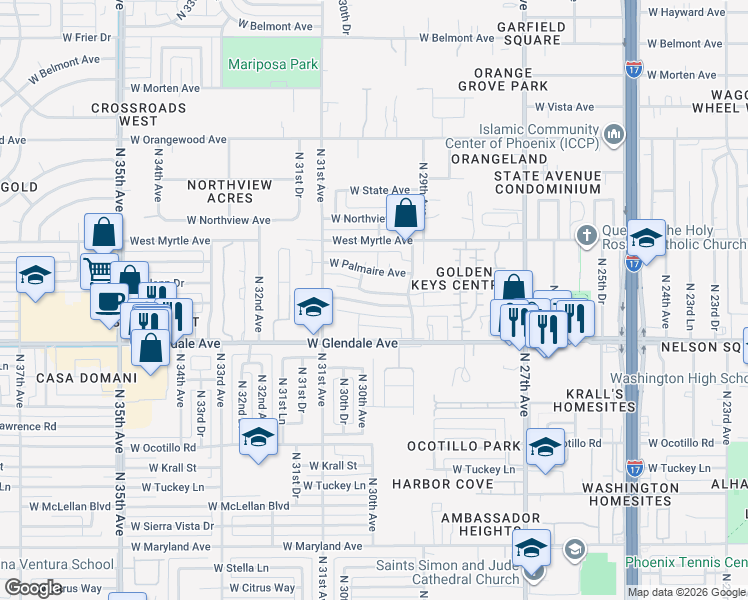 map of restaurants, bars, coffee shops, grocery stores, and more near 2933 West Glenn Drive in Phoenix