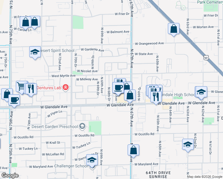 map of restaurants, bars, coffee shops, grocery stores, and more near 7113 North 68th Drive in Glendale