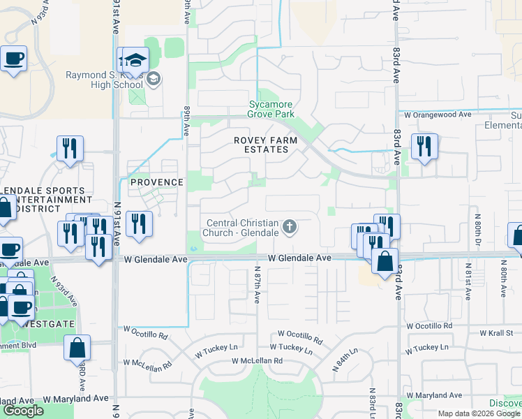 map of restaurants, bars, coffee shops, grocery stores, and more near 8708 West Palmaire Avenue in Glendale