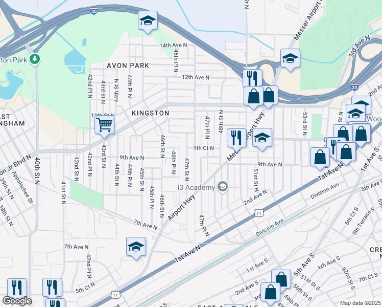 map of restaurants, bars, coffee shops, grocery stores, and more near 909 47th Street North in Birmingham