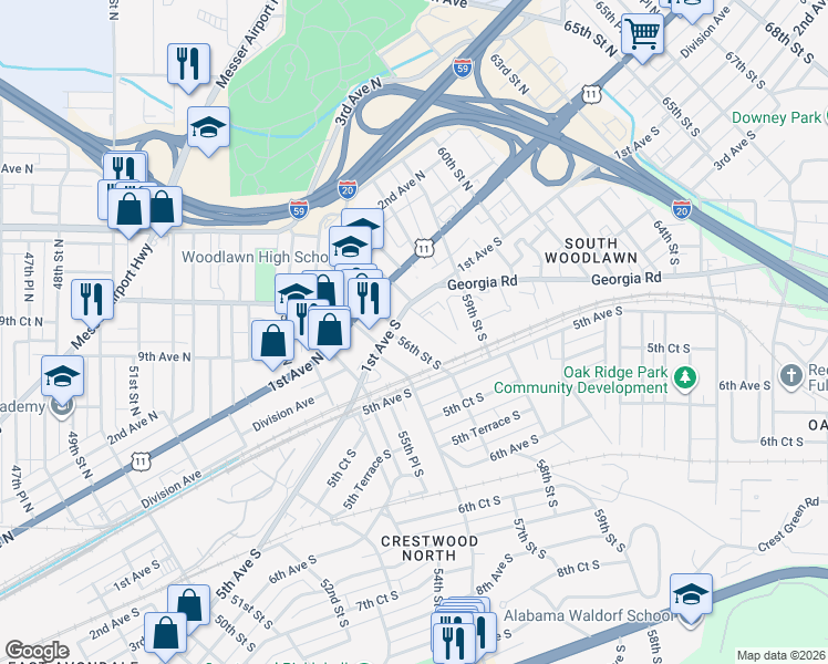 map of restaurants, bars, coffee shops, grocery stores, and more near 117 56th Street South in Birmingham