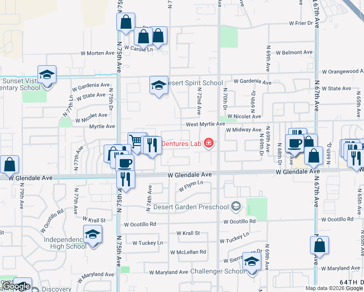 map of restaurants, bars, coffee shops, grocery stores, and more near 7264 West Aurelius Avenue in Glendale