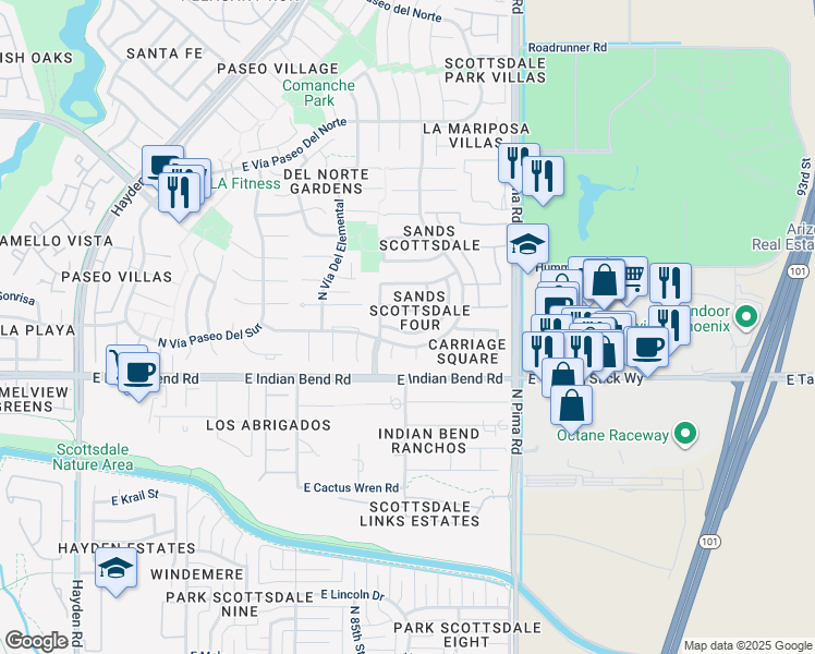 map of restaurants, bars, coffee shops, grocery stores, and more near 8602 East Vía Del Palacio in Scottsdale