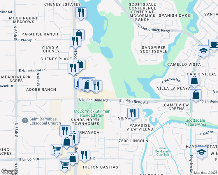 map of restaurants, bars, coffee shops, grocery stores, and more near Unnamed Road in Scottsdale