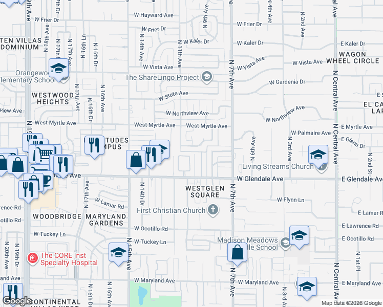 map of restaurants, bars, coffee shops, grocery stores, and more near 1002 West Solar Drive in Phoenix