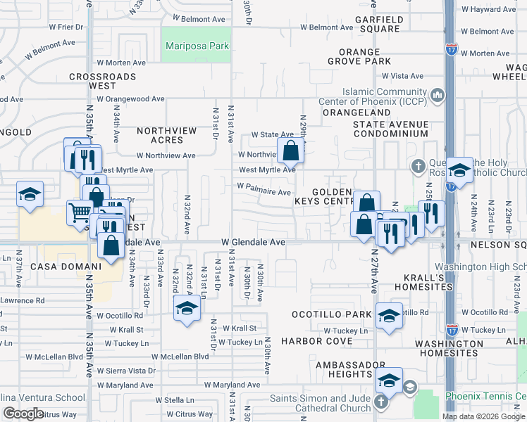 map of restaurants, bars, coffee shops, grocery stores, and more near 2933 W Glenn Dr in Phoenix