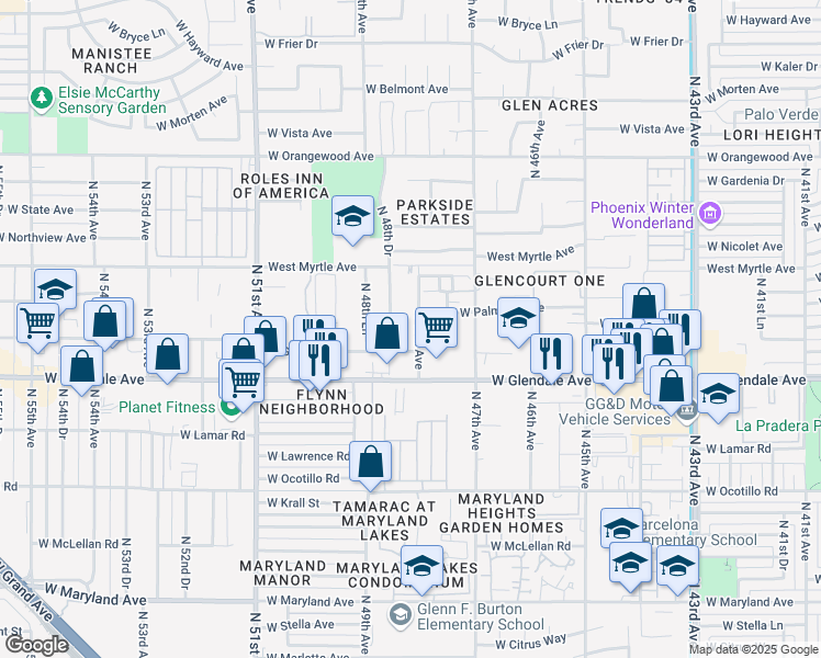 map of restaurants, bars, coffee shops, grocery stores, and more near 7116 North 48th Avenue in Glendale