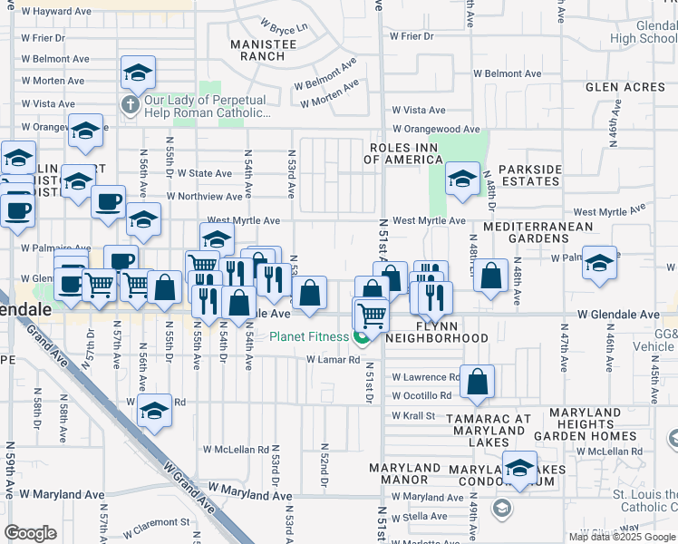 map of restaurants, bars, coffee shops, grocery stores, and more near 5136 West Glenn Drive in Glendale
