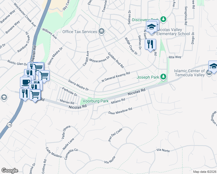 map of restaurants, bars, coffee shops, grocery stores, and more near 30214 Sierra Madre Drive in Temecula