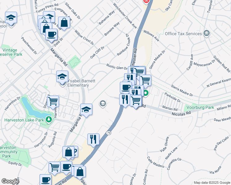 map of restaurants, bars, coffee shops, grocery stores, and more near 27280 Nicolas Road in Temecula