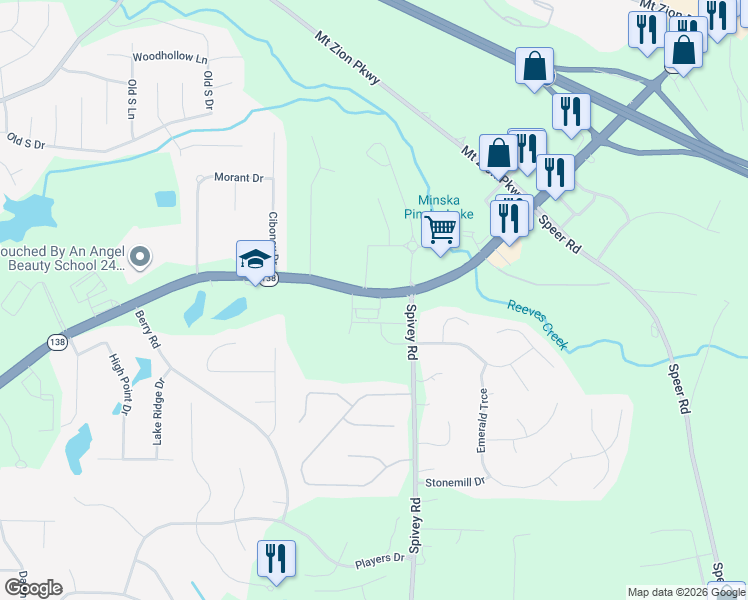 map of restaurants, bars, coffee shops, grocery stores, and more near 1160 Georgia 138 in Jonesboro