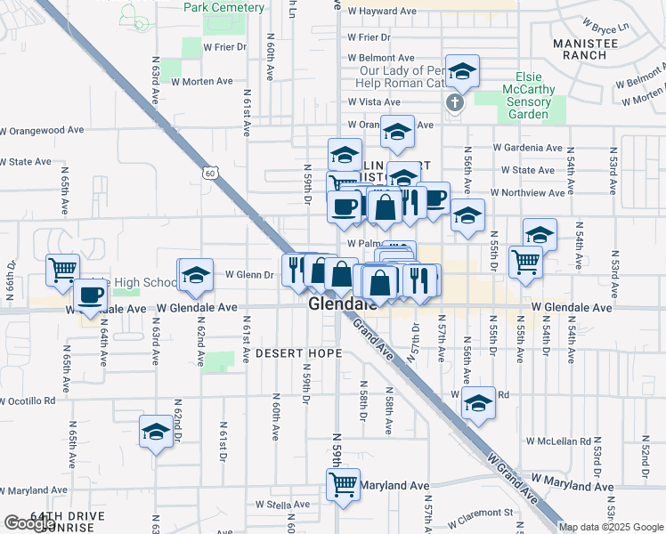 map of restaurants, bars, coffee shops, grocery stores, and more near 5940 Grand Avenue in Glendale