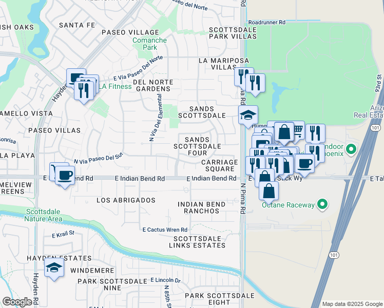 map of restaurants, bars, coffee shops, grocery stores, and more near 8602 East Vía Del Palacio in Scottsdale