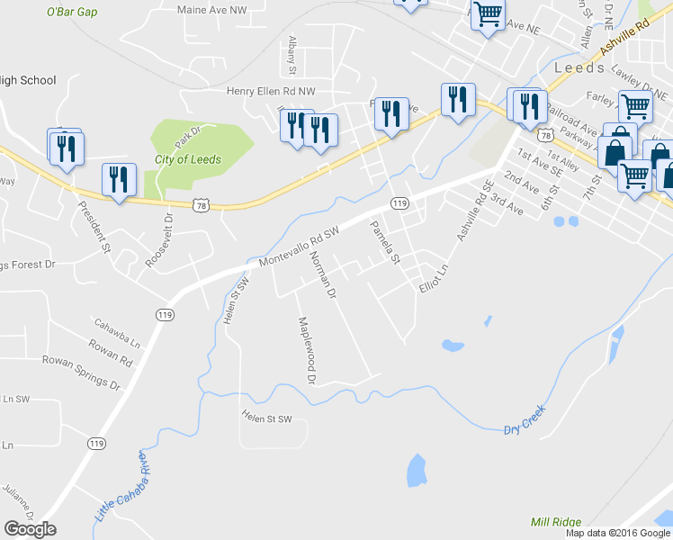 map of restaurants, bars, coffee shops, grocery stores, and more near 7305 Ann Avenue Southwest in Leeds