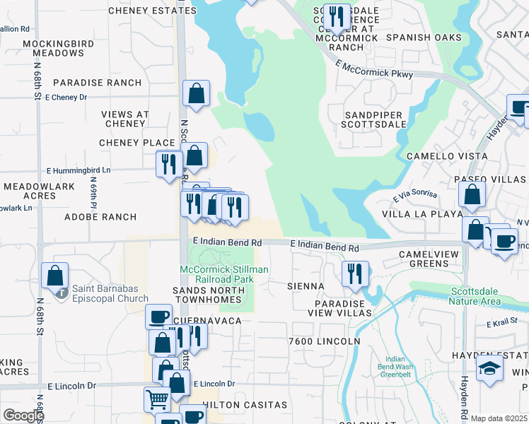 map of restaurants, bars, coffee shops, grocery stores, and more near Unnamed Road in Scottsdale