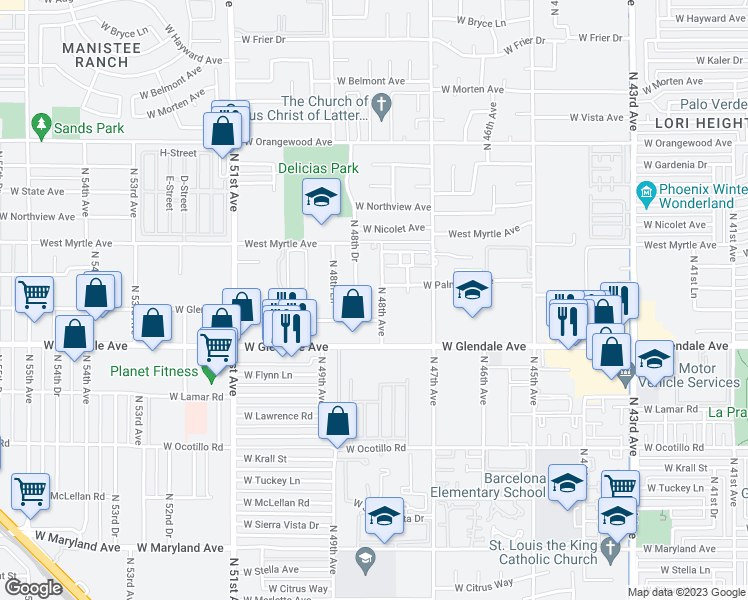 map of restaurants, bars, coffee shops, grocery stores, and more near 7116 North 48th Avenue in Glendale