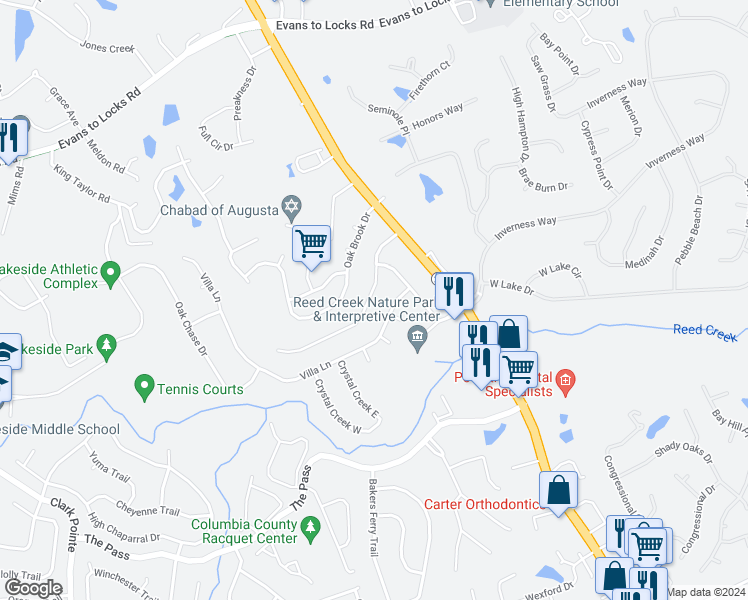 map of restaurants, bars, coffee shops, grocery stores, and more near 3816 Forest Creek Way in Martinez