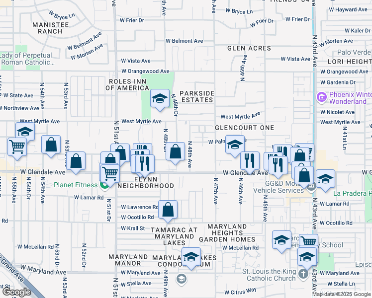 map of restaurants, bars, coffee shops, grocery stores, and more near 7116 North 48th Avenue in Glendale