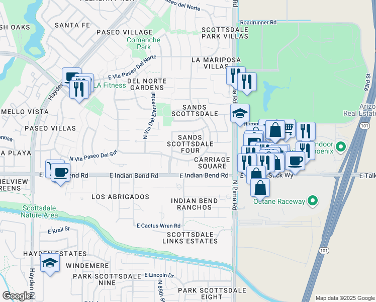 map of restaurants, bars, coffee shops, grocery stores, and more near 8602 East Vía Del Palacio in Scottsdale