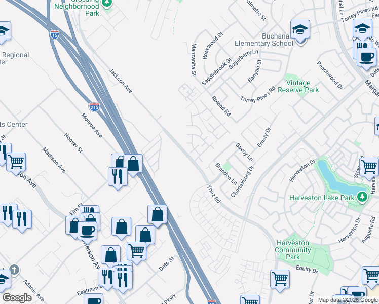 map of restaurants, bars, coffee shops, grocery stores, and more near 26409 Arboretum Way in Murrieta