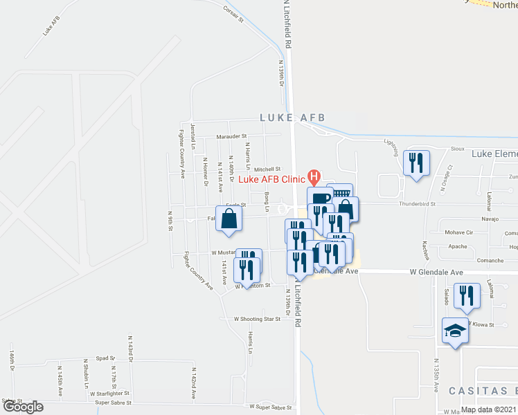 map of restaurants, bars, coffee shops, grocery stores, and more near 14000 Eagle Street in Glendale