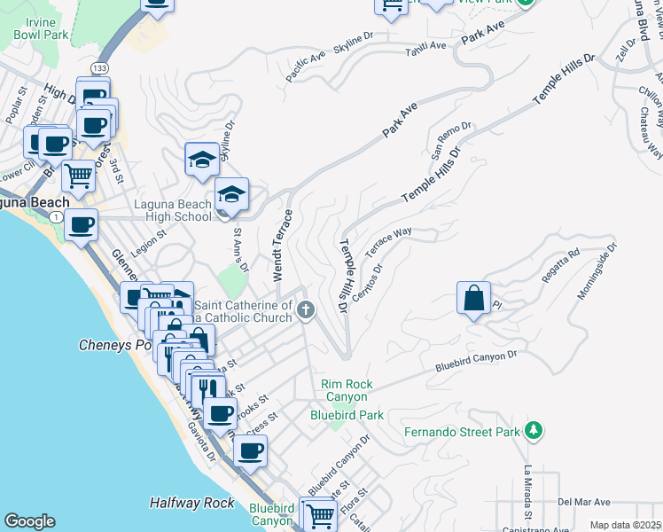 map of restaurants, bars, coffee shops, grocery stores, and more near 898 Buena Vista Way in Laguna Beach