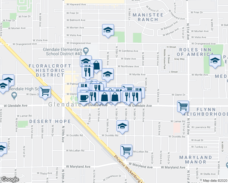 map of restaurants, bars, coffee shops, grocery stores, and more near 7102 North 55th Drive in Glendale