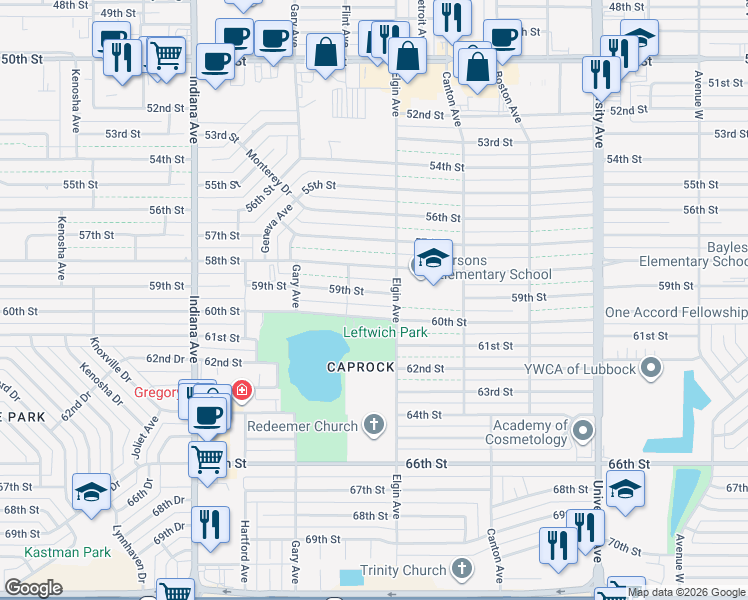 map of restaurants, bars, coffee shops, grocery stores, and more near 3007 59th Street in Lubbock