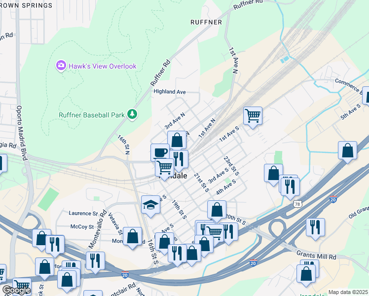 map of restaurants, bars, coffee shops, grocery stores, and more near 2110 1st Avenue North in Irondale