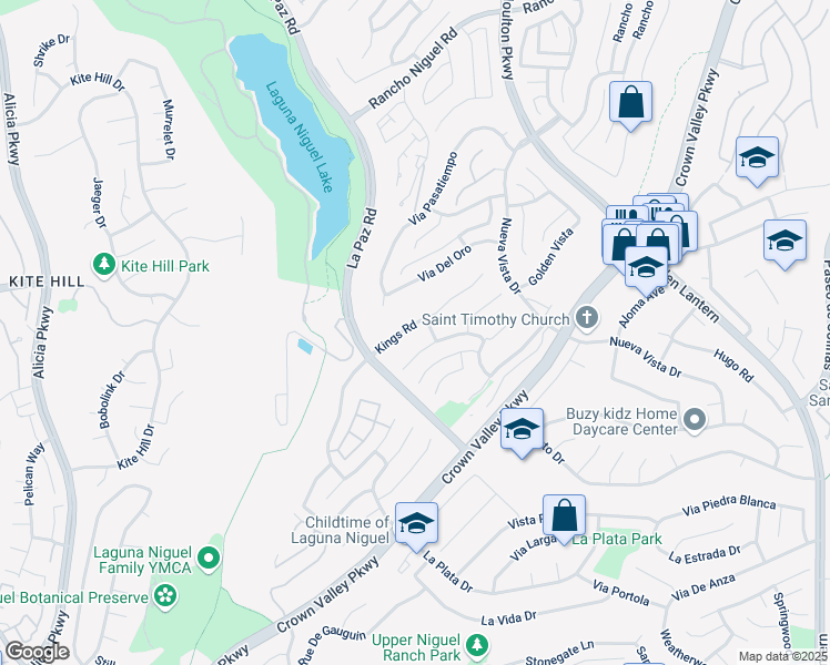 map of restaurants, bars, coffee shops, grocery stores, and more near 24576 Kings Road in Laguna Niguel