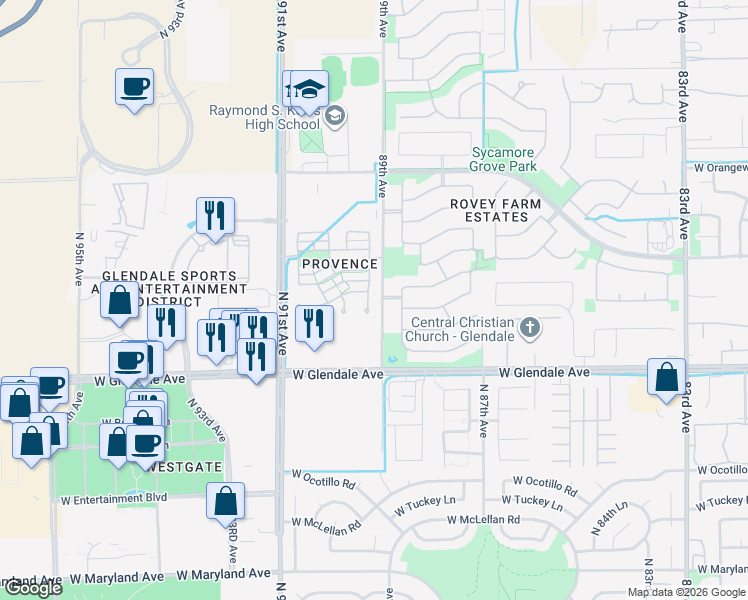 map of restaurants, bars, coffee shops, grocery stores, and more near 7235 North 89th Drive in Glendale