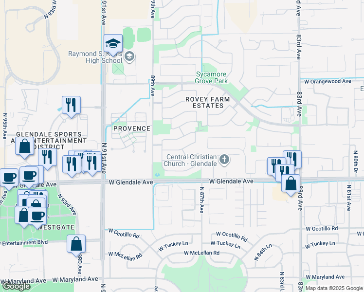 map of restaurants, bars, coffee shops, grocery stores, and more near 8772 West Midway Avenue in Glendale