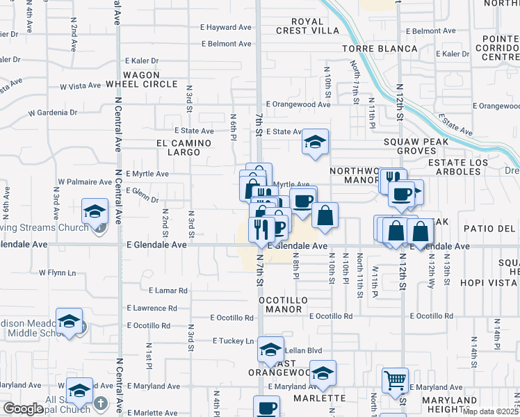 map of restaurants, bars, coffee shops, grocery stores, and more near 7051 N 7th St in Phoenix