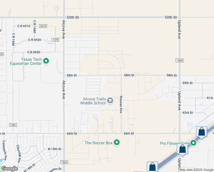map of restaurants, bars, coffee shops, grocery stores, and more near 5817 County Road 1500 in Lubbock