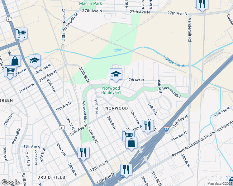 map of restaurants, bars, coffee shops, grocery stores, and more near 3136 Norwood Boulevard in Birmingham