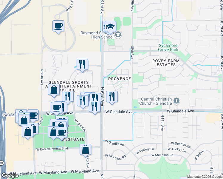 map of restaurants, bars, coffee shops, grocery stores, and more near 9068 West Myrtle Avenue in Glendale