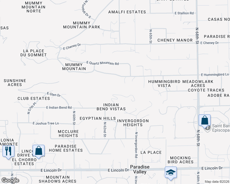 map of restaurants, bars, coffee shops, grocery stores, and more near 7040 North Invergordon Road in Paradise Valley
