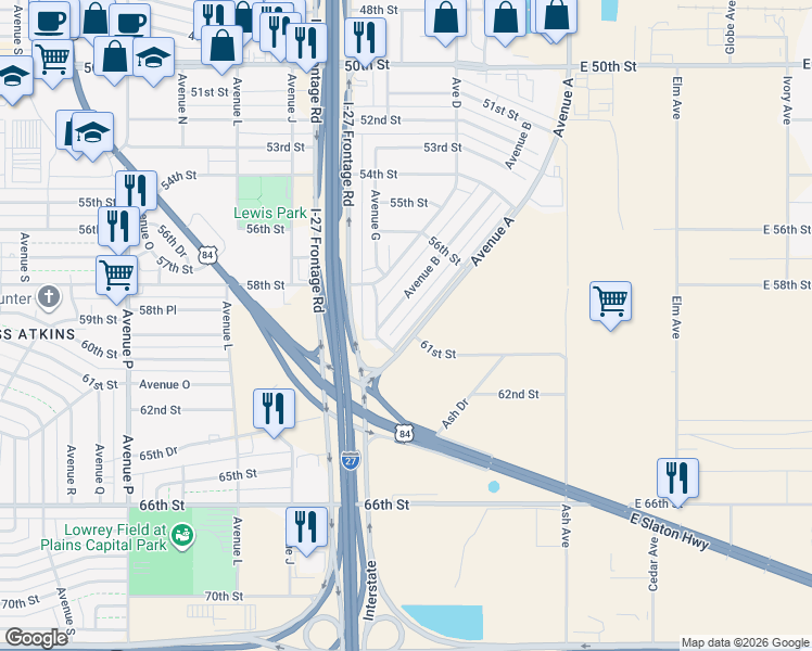 map of restaurants, bars, coffee shops, grocery stores, and more near 5642 Avenue A in Lubbock