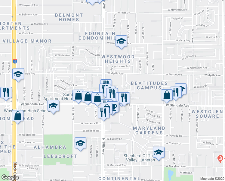 map of restaurants, bars, coffee shops, grocery stores, and more near 7101 North 19th Avenue in Phoenix