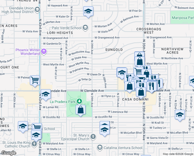 map of restaurants, bars, coffee shops, grocery stores, and more near 3811 West Solar Drive in Phoenix
