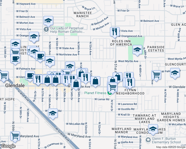 map of restaurants, bars, coffee shops, grocery stores, and more near 5302 West Glenn Drive in Glendale