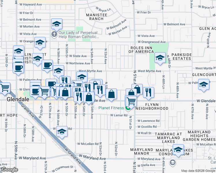 map of restaurants, bars, coffee shops, grocery stores, and more near 5302 West Glenn Drive in Glendale