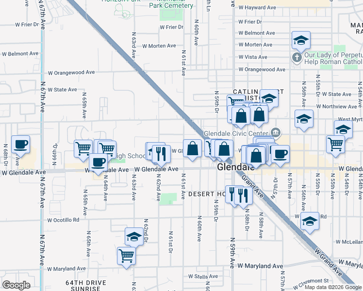 map of restaurants, bars, coffee shops, grocery stores, and more near 6102 West Glenn Drive in Glendale