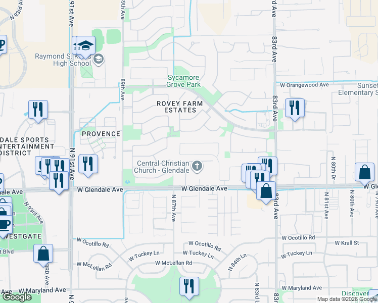 map of restaurants, bars, coffee shops, grocery stores, and more near 8548 Midway Avenue in Glendale