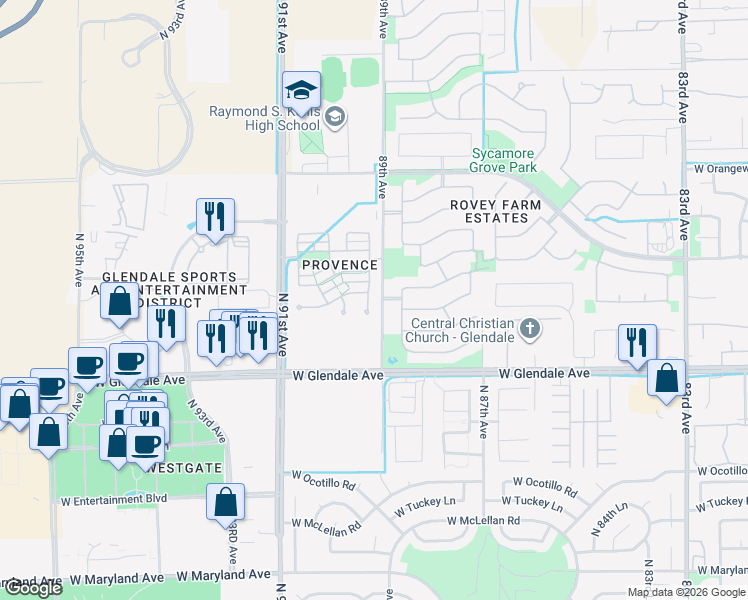 map of restaurants, bars, coffee shops, grocery stores, and more near 7235 North 89th Drive in Glendale