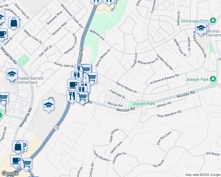 map of restaurants, bars, coffee shops, grocery stores, and more near 39507 June Road in Temecula