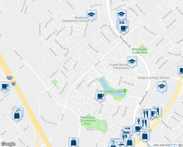 map of restaurants, bars, coffee shops, grocery stores, and more near 40005 Spring Place Court in Temecula